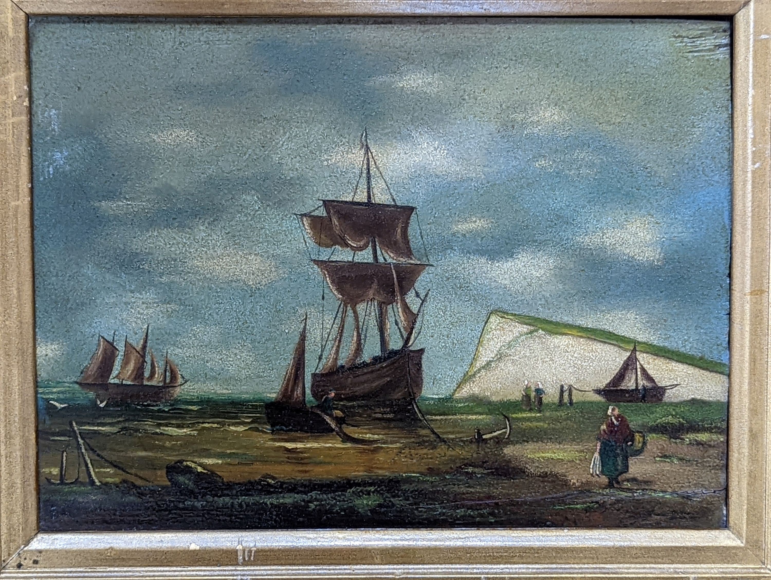 19th century Primitive School, pair of oils on panels, Fishing boats along the shore, 22 x 30cm